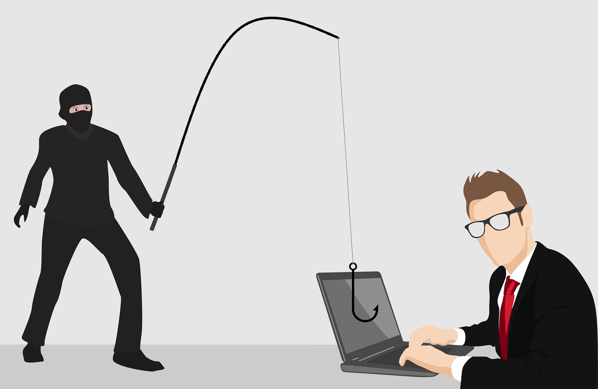 graphic of someone with a fishing rod hooking to a man's laptop